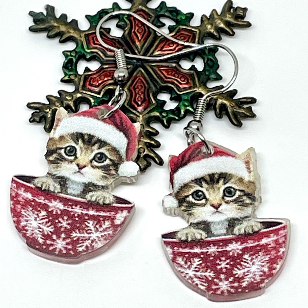 Christmas Cat Kitten with Santa Hat in Red White Snowflake Bowl Acrylic Earrings